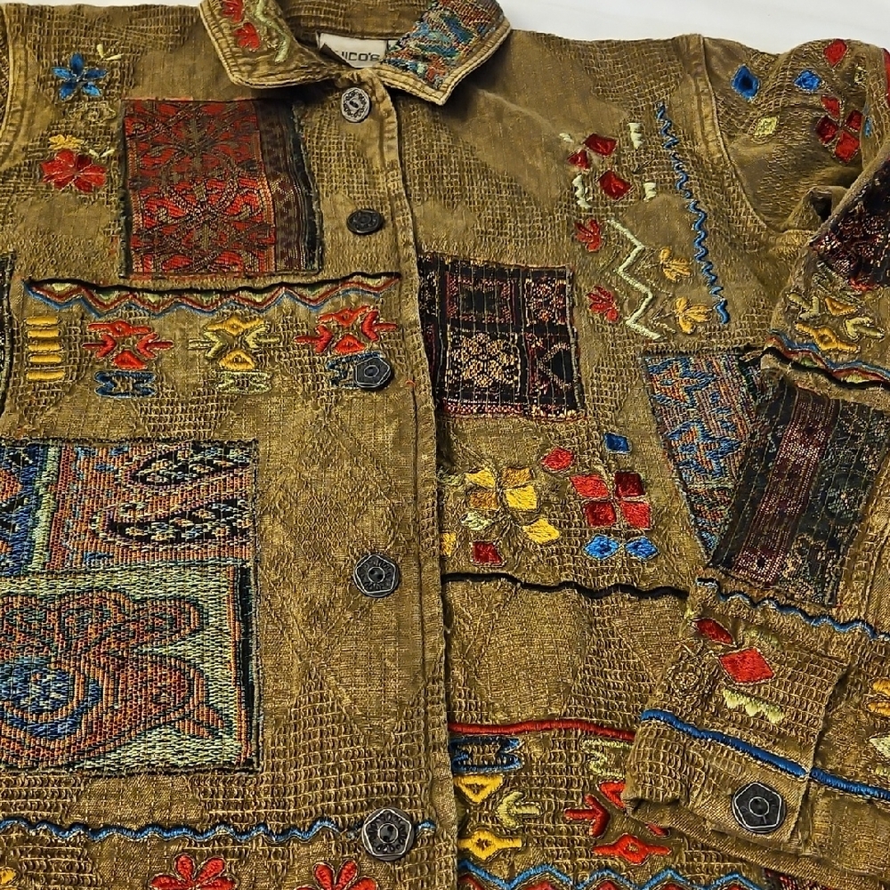 Chico's Olive Patchwork Embroidered Jean Jacket - image 5